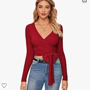 NEW Shein Crop Top Festival Deep V Neck Knot Front Long Sleeve Wrap Crop Top XL